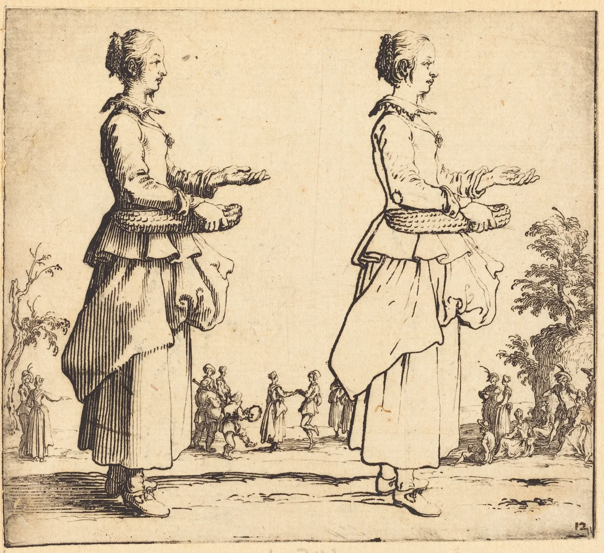 Peasant Woman with Basket, in Profile, Facing Right by Jacques Callot, print, 1621-1624