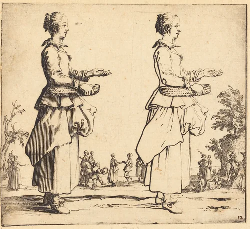 Peasant Woman with Basket, in Profile, Facing Right by Jacques Callot, print, 1621-1624