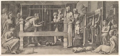 Penelope standing in the centre by a large weaving table amongst her women spinning and weaving by Master FG, print, 1535-1555