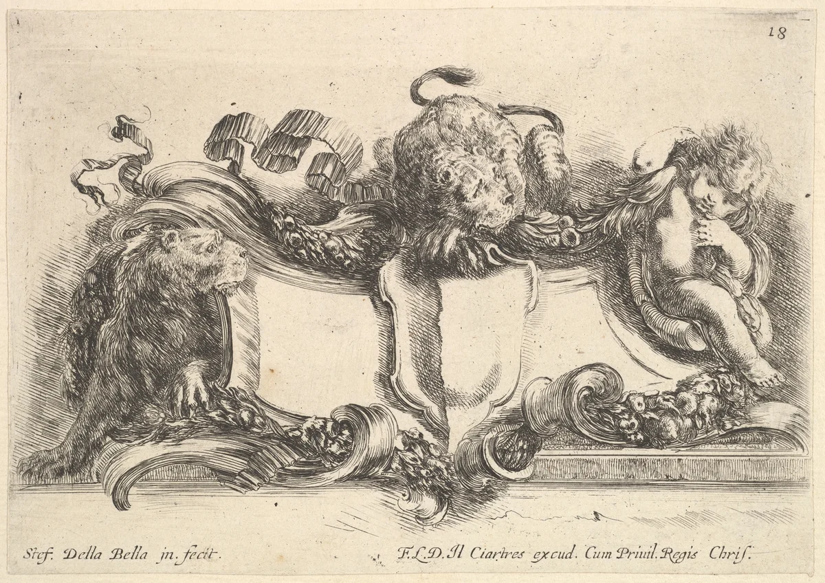 Plate 18: A cartouche containing an empty crest, two lionesses, one to left and one in center, an infant to right, from "Collection of various caprices and new inventions of cards and ornaments" (Raccolta di varii cappriccii et nove inventioni di cartelle et ornamenti) by Stefano della Bella, print, 1646