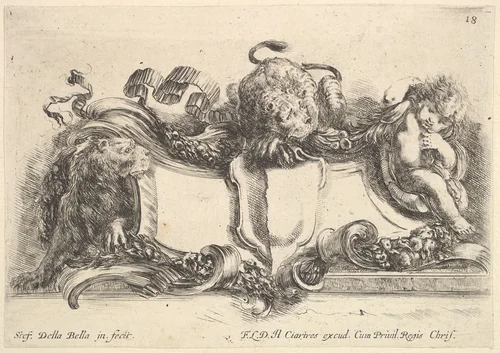 Plate 18: A cartouche containing an empty crest, two lionesses, one to left and one in center, an infant to right, from "Collection of various caprices and new inventions of cards and ornaments" (Raccolta di varii cappriccii et nove inventioni di cartelle et ornamenti) by Stefano della Bella, print, 1646