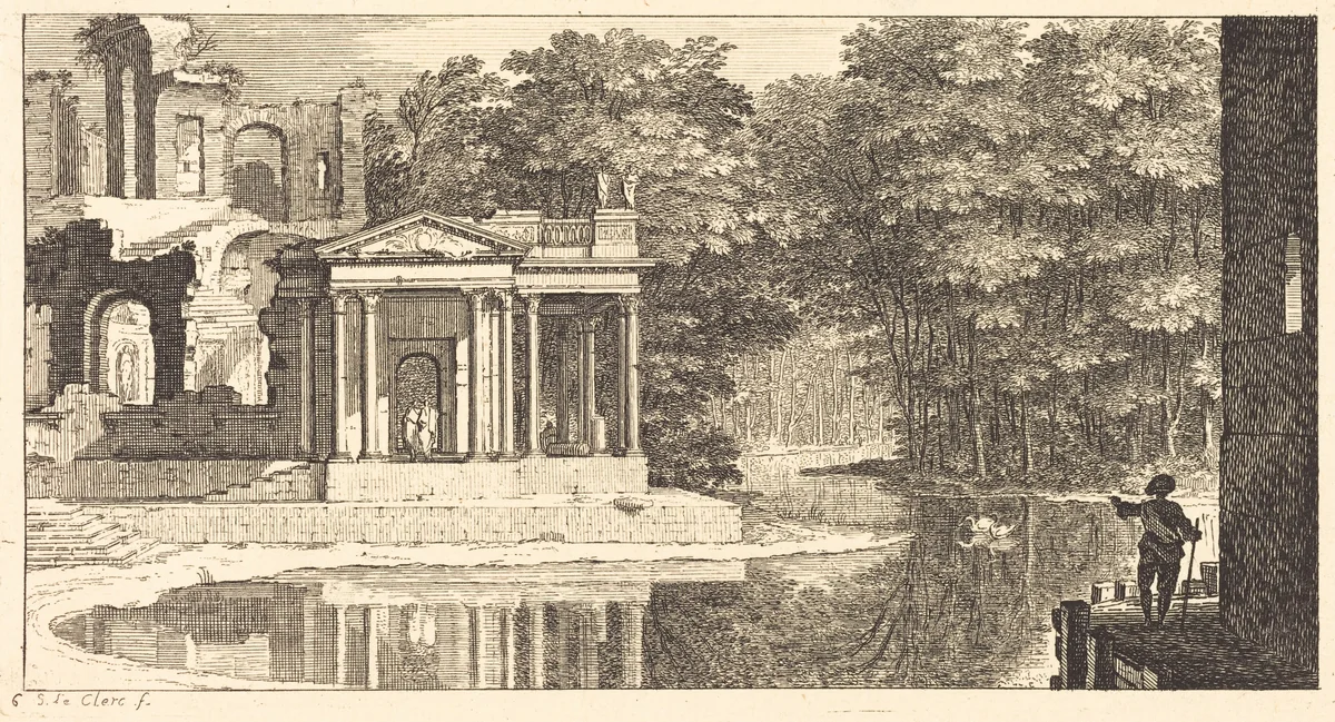 Landscape with Temple Ruins and Pond by Sébastien Le Clerc, print, 1673