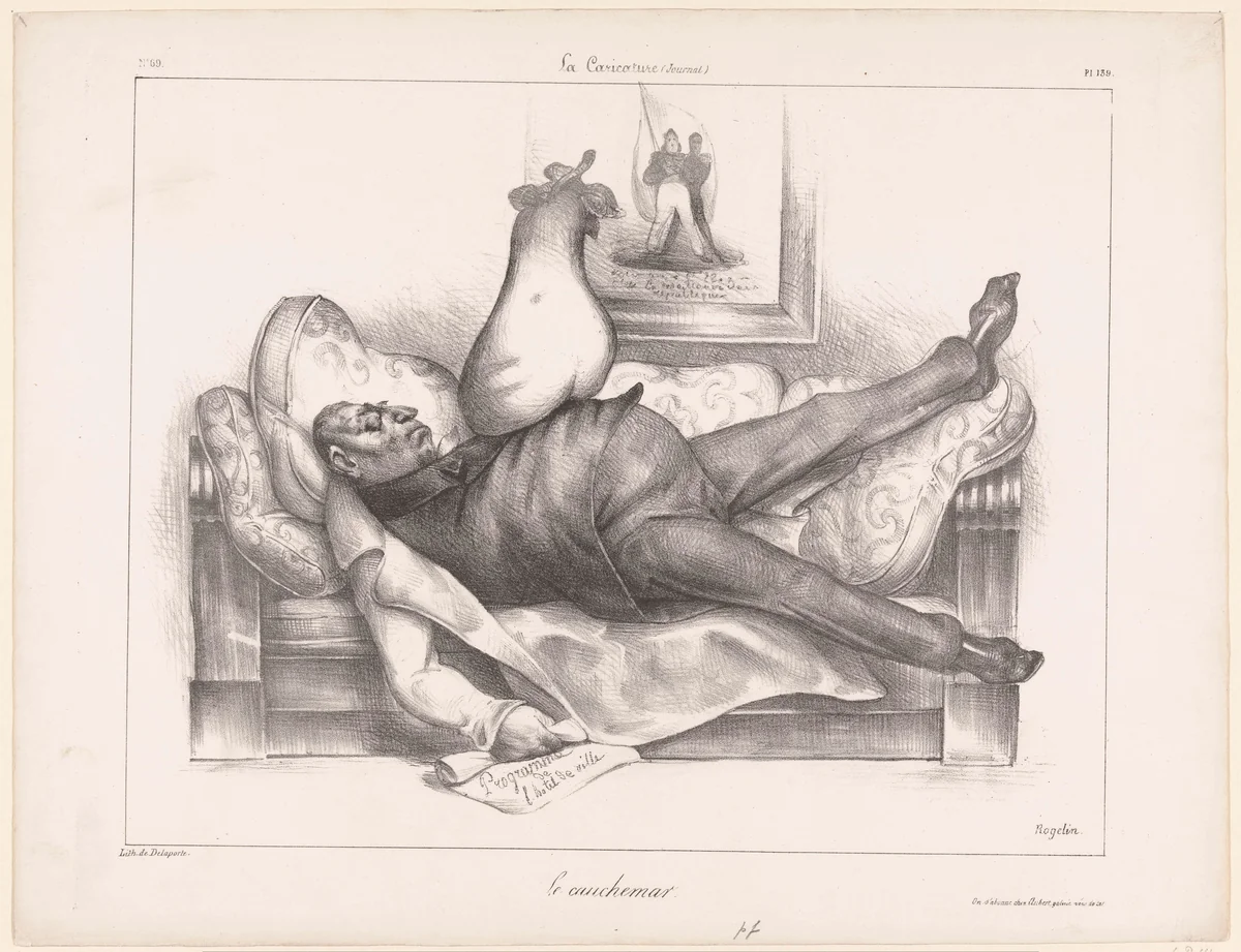 Karikatuur van Gilbert du Motier, markies de la Fayette, tijdens een nachtmerrie by Honoré Daumier, print, 1832