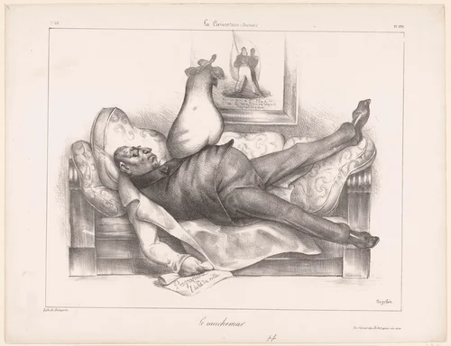 Karikatuur van Gilbert du Motier, markies de la Fayette, tijdens een nachtmerrie by Honoré Daumier, print, 1832