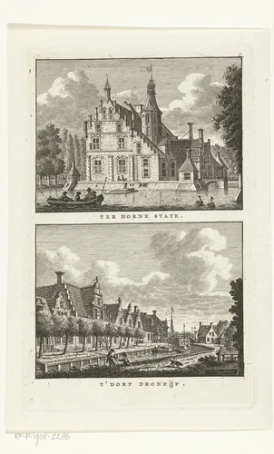 Gezicht op Ter Horne state en dorpsgezicht te Dronrijp by Carel Frederik Bendorp, print, 1786-1792