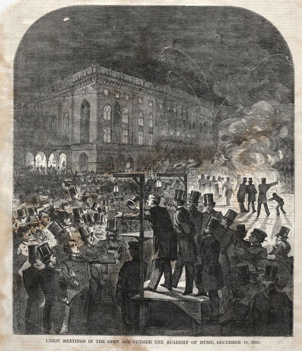 Union Meeting in the Open Air Outside the Academy of Music by Winslow Homer, print, 1859