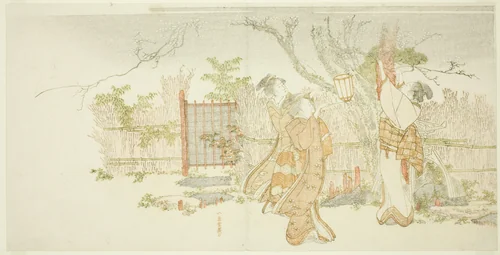 Three women beneath a plum tree at night by Katsushika Hokusai (葛飾 北斎), print, 1791-1801