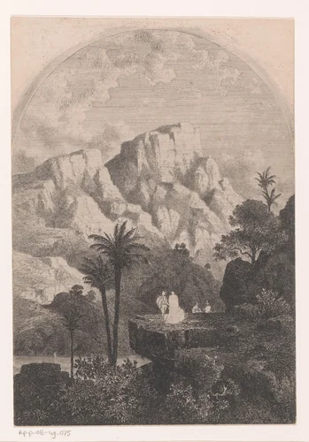 Berglandschap met rustende figuren op een rots by Guillaume Van der Hecht, print, 1827-1879