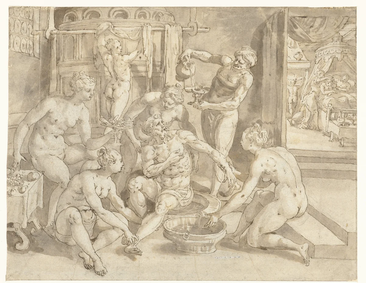 De rijke man in bad by Maerten de Vos, drawing, 1542-1603