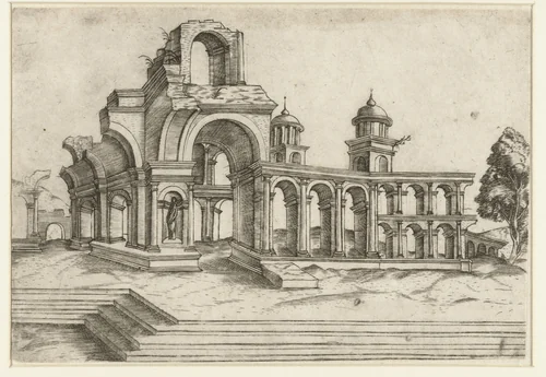 Vervallen klassieke tempel by anonymous, print, 1500-1549