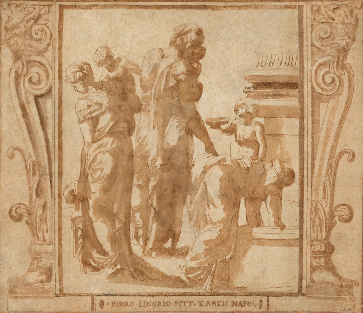 Women and Children at a Fountain by Pirro Ligorio, drawing, 1513-1583