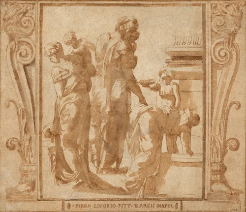 Women and Children at a Fountain by Pirro Ligorio, drawing, 1513-1583