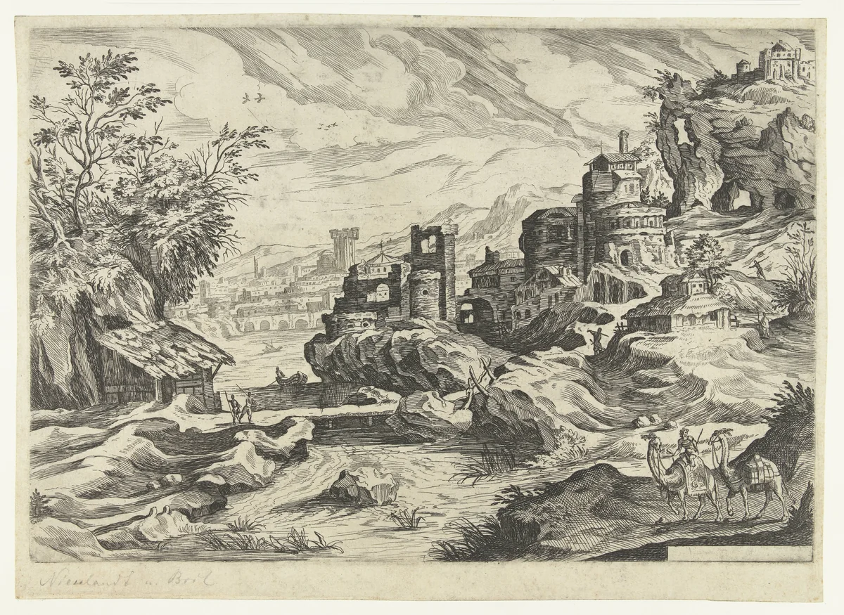 Rotskust met stad en man met twee kamelen of dromedarissen by Unknown, print, 1582-1626