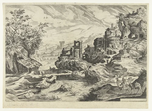 Rotskust met stad en man met twee kamelen of dromedarissen by Unknown, print, 1582-1626