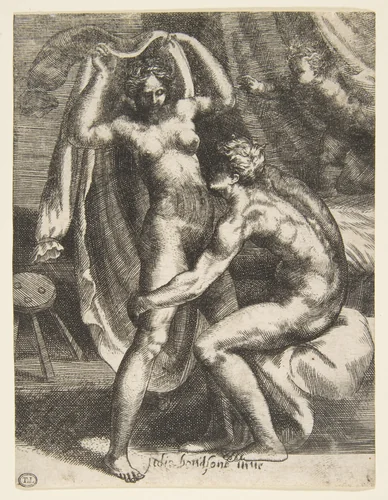 Two lovers, a man pulling a woman toward a bed, from "The Loves of the Gods" by Giulio Bonasone, print, 1531-1560