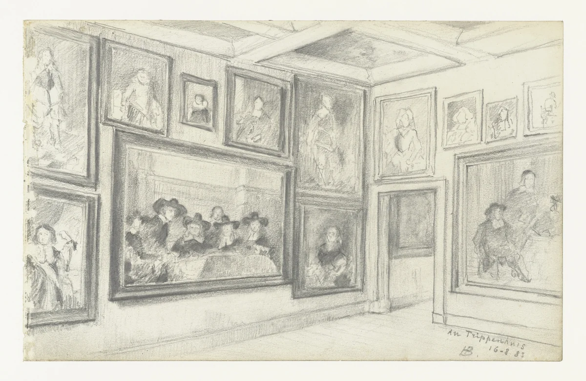 Zaal in het Trippenhuis met schilderijen by Henri de Braekeleer, drawing, 1883