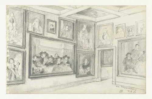 Zaal in het Trippenhuis met schilderijen by Henri de Braekeleer, drawing, 1883