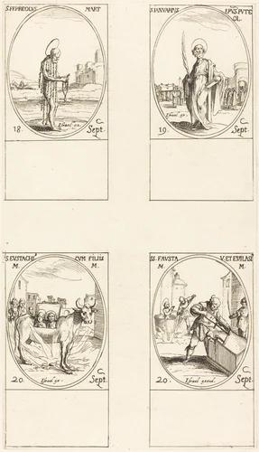 St. Ferreolus; St. Januarius; St. Eustachius & his Children; Sts. Fausta & Evelasius by Jacques Callot, print, 1627-1637