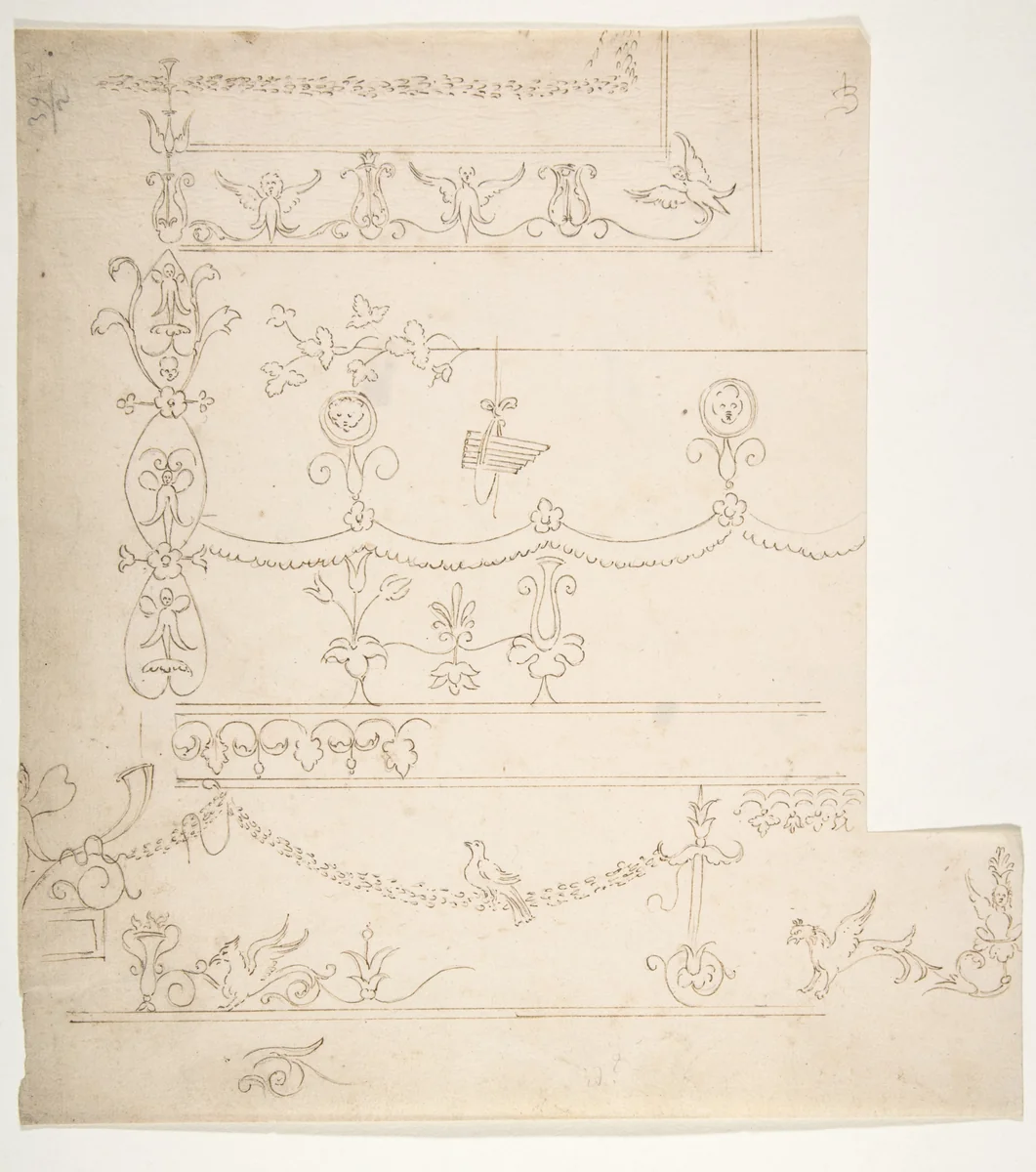 Domus Aurea, cryptoporticus, grostteschi, details (recto) blank (verso) by anonymous, drawing, 1500-1560