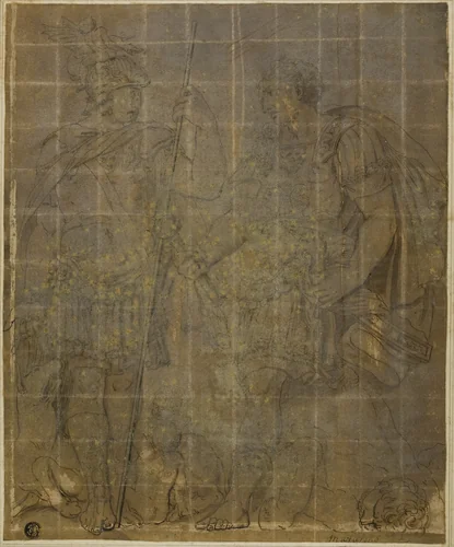 Two Roman Warriors with She-Wolf, Romulus, and Remus by Polidoro Caldara, drawing, 1780-1820