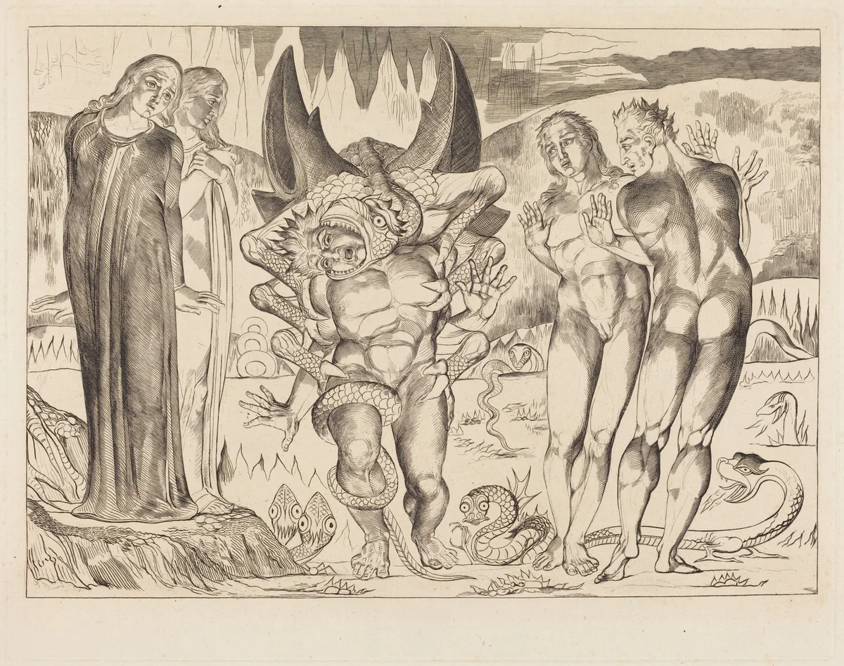 The Circle of the Thieves; Agnolo Brunelleschi Attacked by a Six-Footed Serpent by William Blake, print, 1827