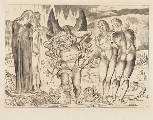 The Circle of the Thieves; Agnolo Brunelleschi Attacked by a Six-Footed Serpent by William Blake, print, 1827