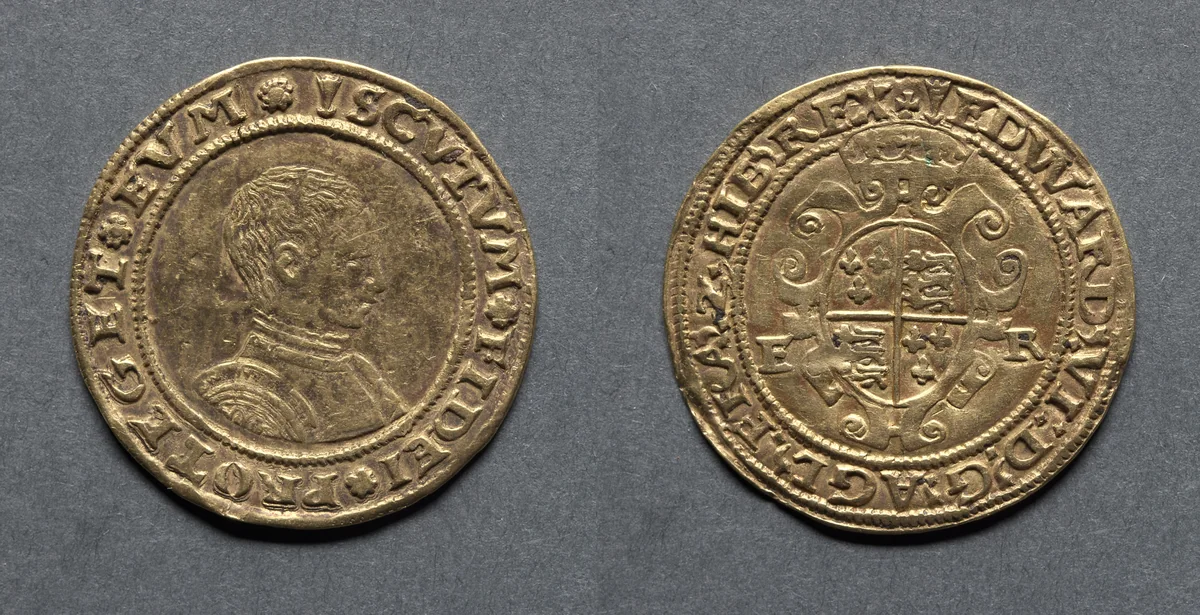 Half Sovereign: Edward VI (obverse); Crowned Royal Arms (reverse) by Unknown, metalwork, 1549-1550