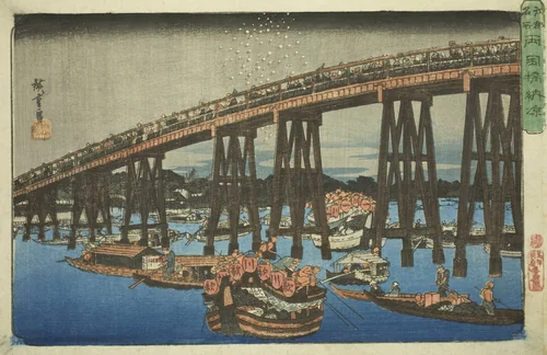 Cooling off at Ryogoku Bridge (Ryogokubashi noryo), from the series "Famous Places in Edo (Koto meisho)" by Utagawa Hiroshige (歌川広重), print, 1834-1847