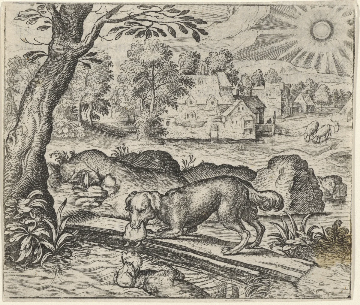 Fabel van de hond en zijn spiegelbeeld by Aegidius Sadeler, print, 1608