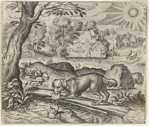 Fabel van de hond en zijn spiegelbeeld by Aegidius Sadeler, print, 1608