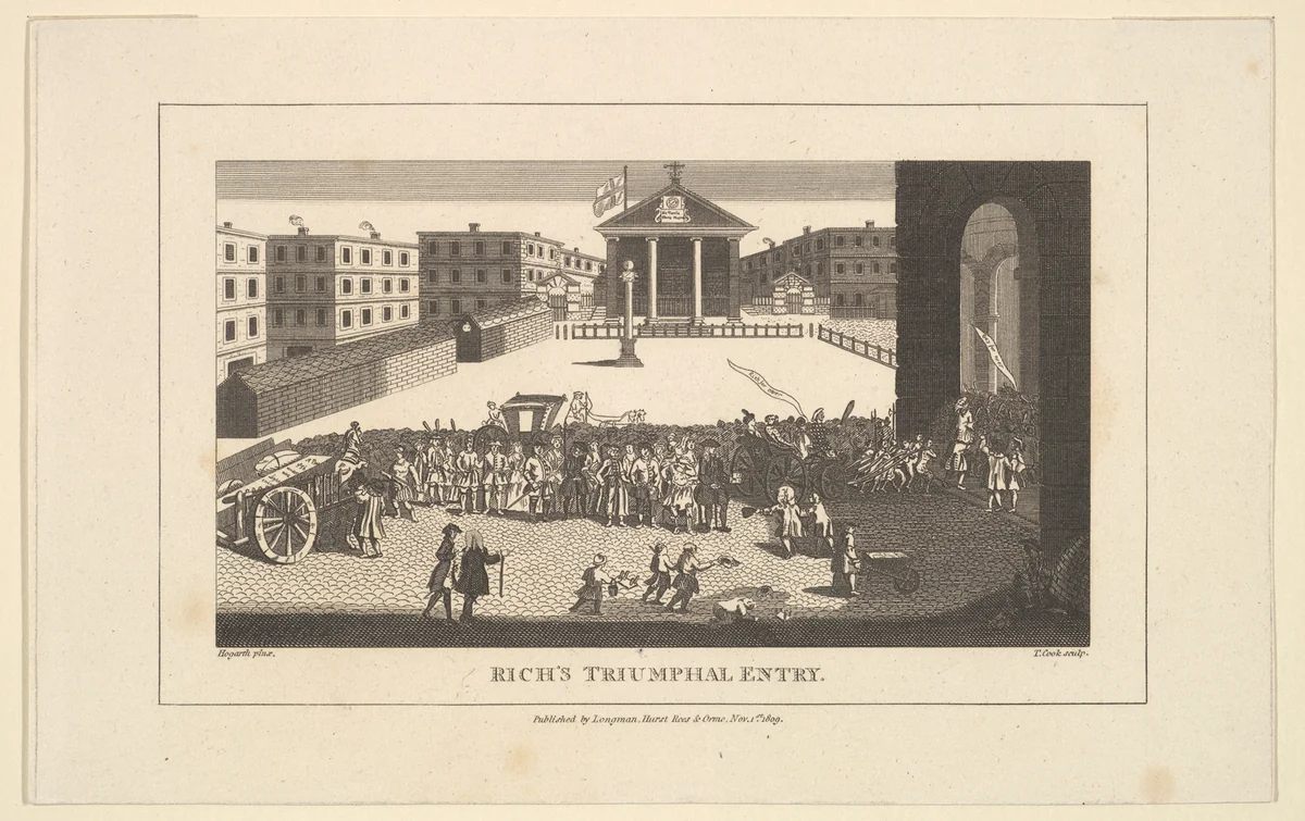 Rich's Glory, or His Triumphant Entry into Covent Garden, December 1732 by Thomas Cook, print, 1809