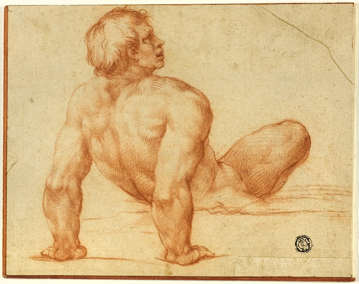 Seated Male Nude by Michelangelo Buonarroti, drawing, 1580-1620