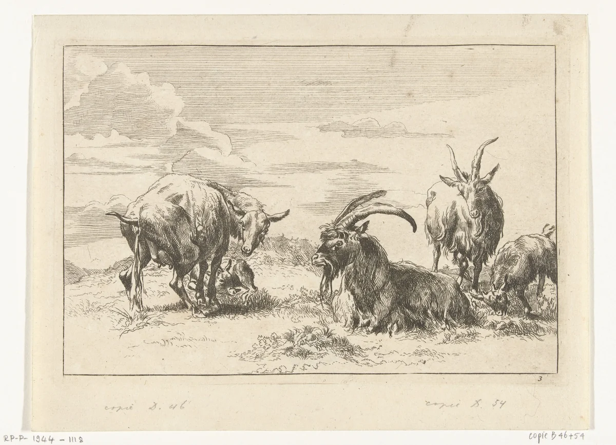 Pissende ooi en drie geiten by anonymous, print, 1648-1733