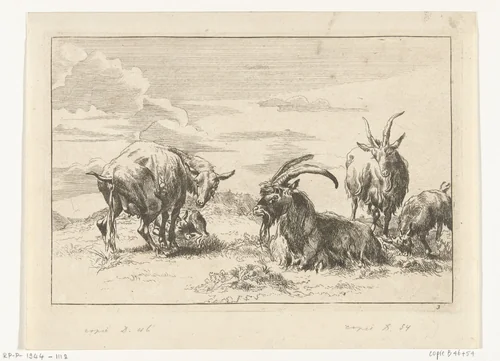 Pissende ooi en drie geiten by anonymous, print, 1648-1733