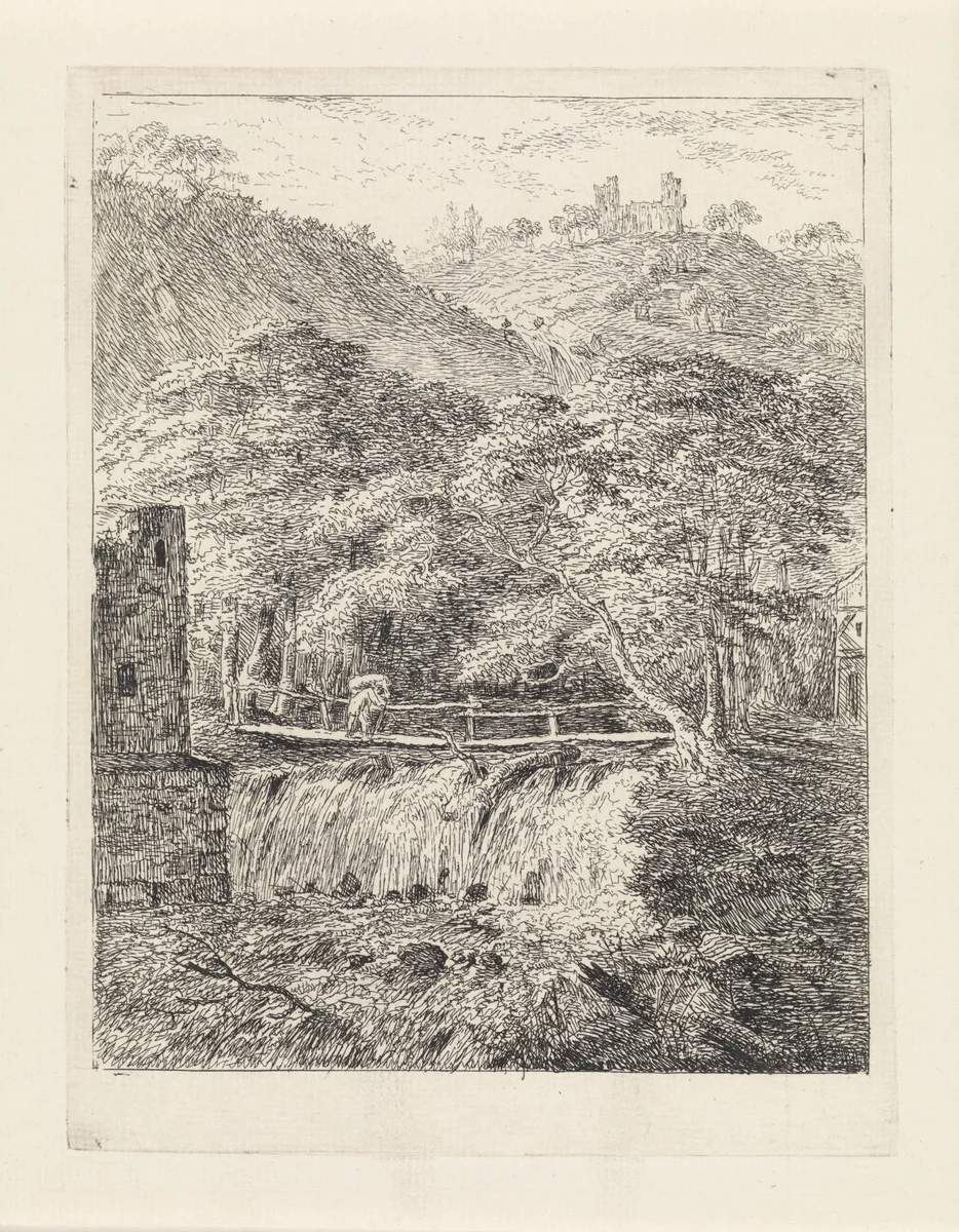 Man op een brug boven een waterval by Gerard van Nijmegen, print, 1790