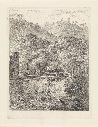 Man op een brug boven een waterval by Gerard van Nijmegen, print, 1790