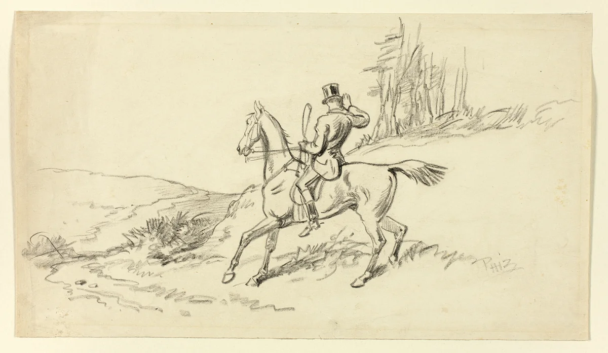 Rider Reining in Horse by Hablot Knight Browne, drawing, 1835-1882