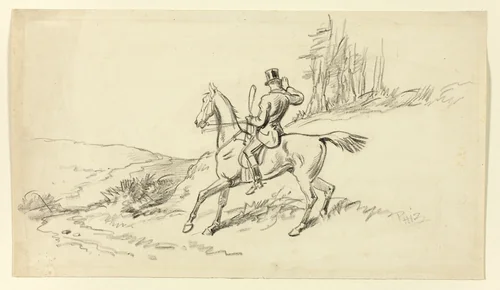 Rider Reining in Horse by Hablot Knight Browne, drawing, 1835-1882