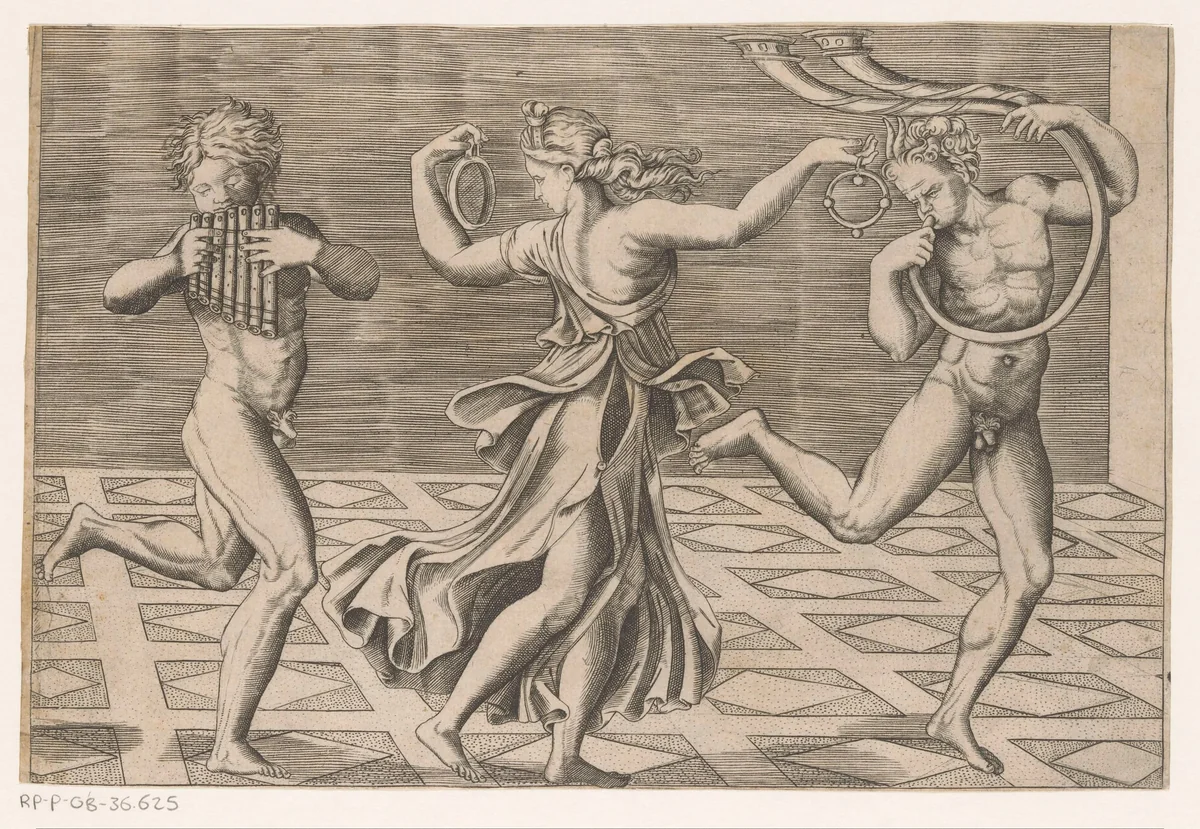 Dansende maenade en saters by anonymous, print, 1516