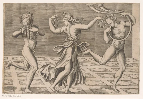 Dansende maenade en saters by anonymous, print, 1516