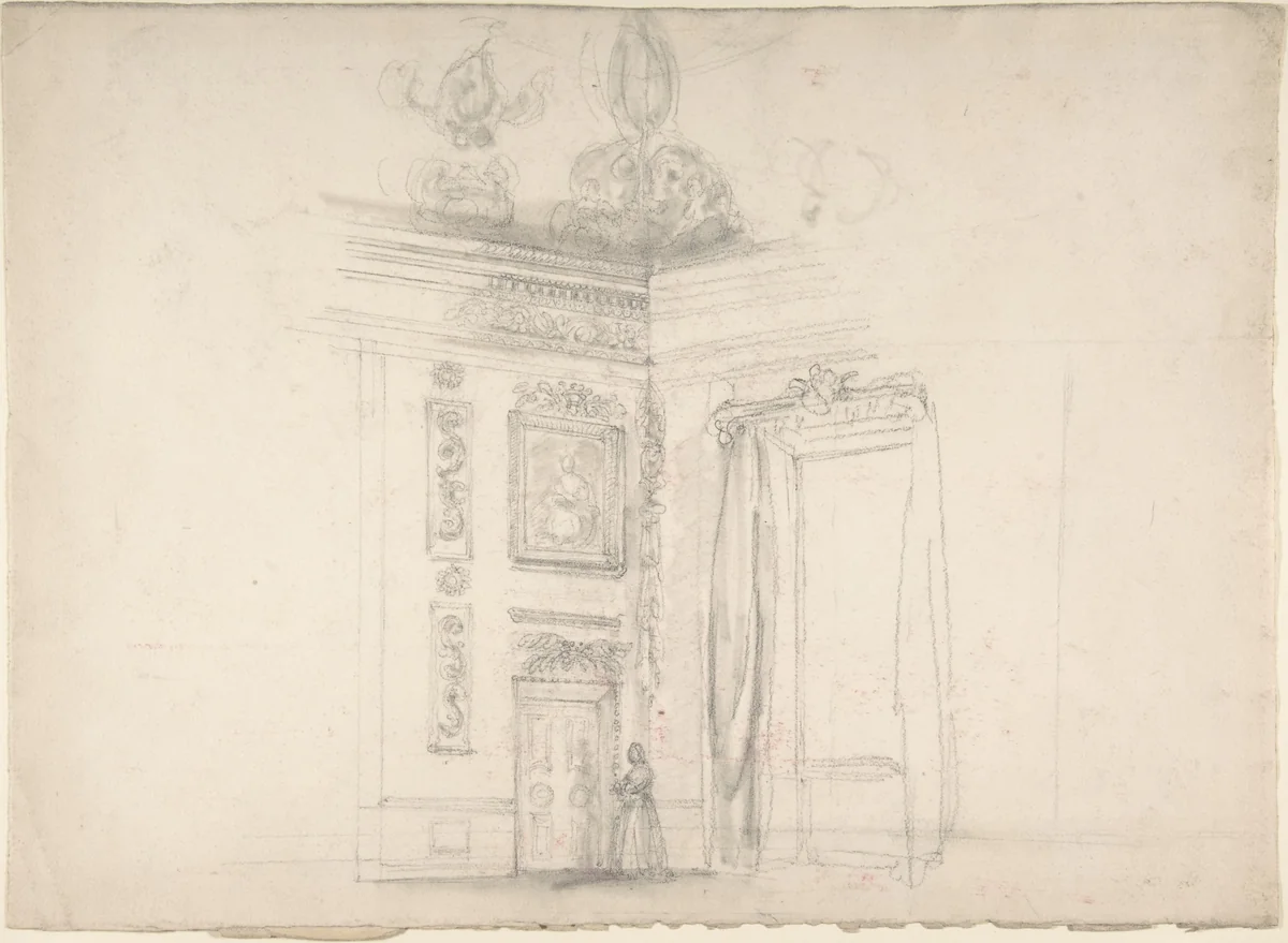 Corner of a Room with a High Coved Ceiling by anonymous, drawing, 1800-1899