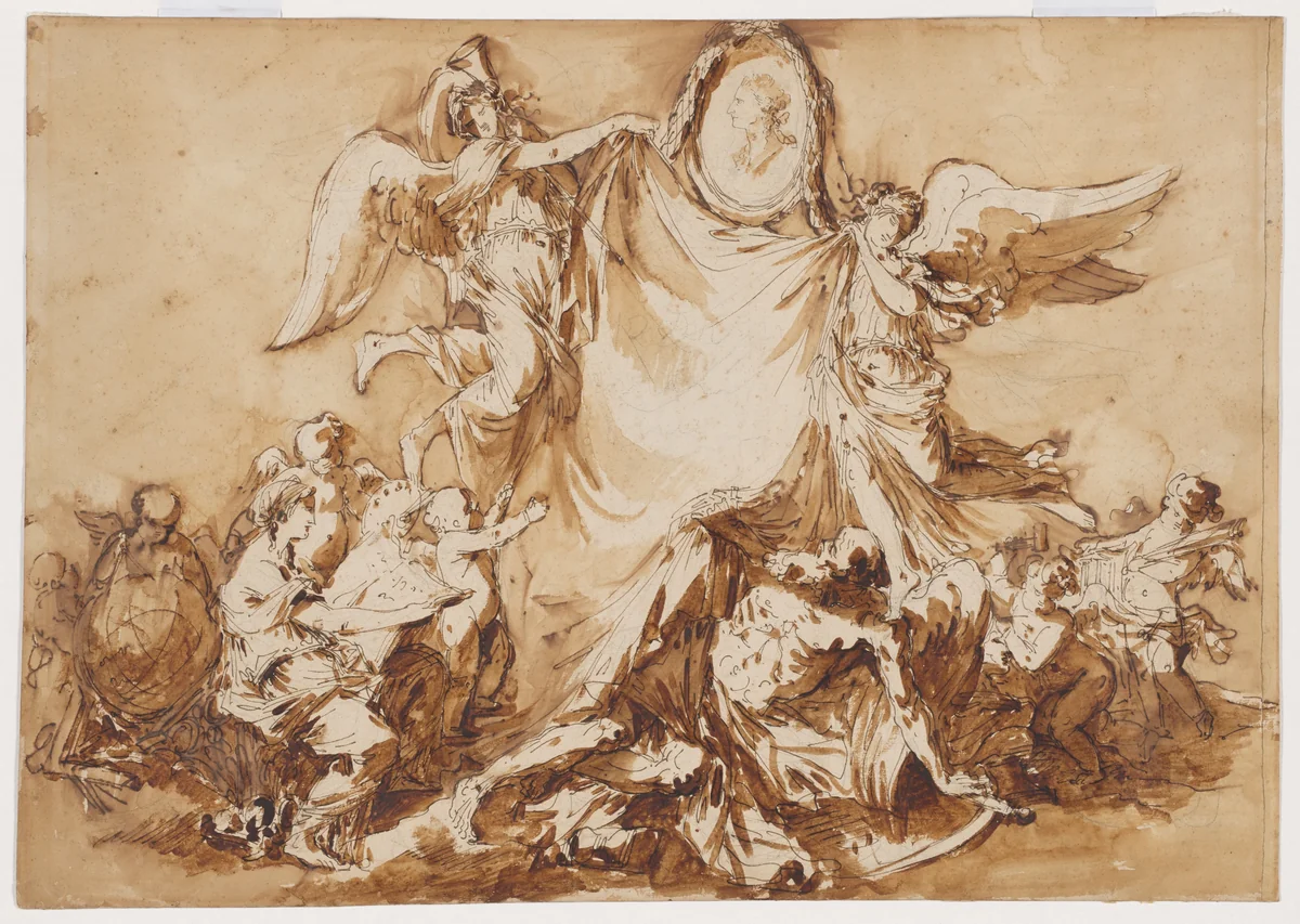 An Allegory of the Arts Vanquishing Time, Surmounted by a Medallion Portrait of King Stanislaw August of Poland as Patron of the Arts by André Jean Lebrun, drawing, 1780-1811