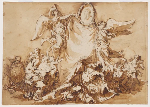 An Allegory of the Arts Vanquishing Time, Surmounted by a Medallion Portrait of King Stanislaw August of Poland as Patron of the Arts by André Jean Lebrun, drawing, 1780-1811