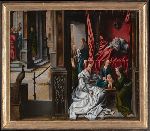 The Birth and Naming of Saint John the Baptist; (reverse) Trompe-l'oeil with Painting of The Man of Sorrows by Bernard van Orley, painting, 1514-1515