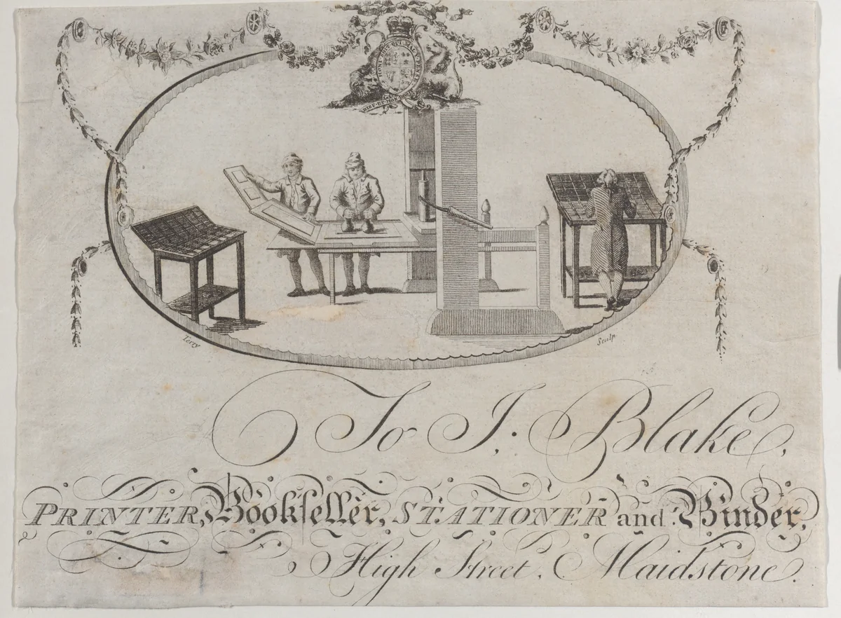 Trade card for Jo J. Blake, printer, bookseller, stationer, and binder by anonymous, print, 1700-1800