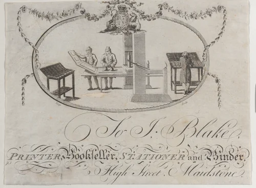 Trade card for Jo J. Blake, printer, bookseller, stationer, and binder by anonymous, print, 1700-1800