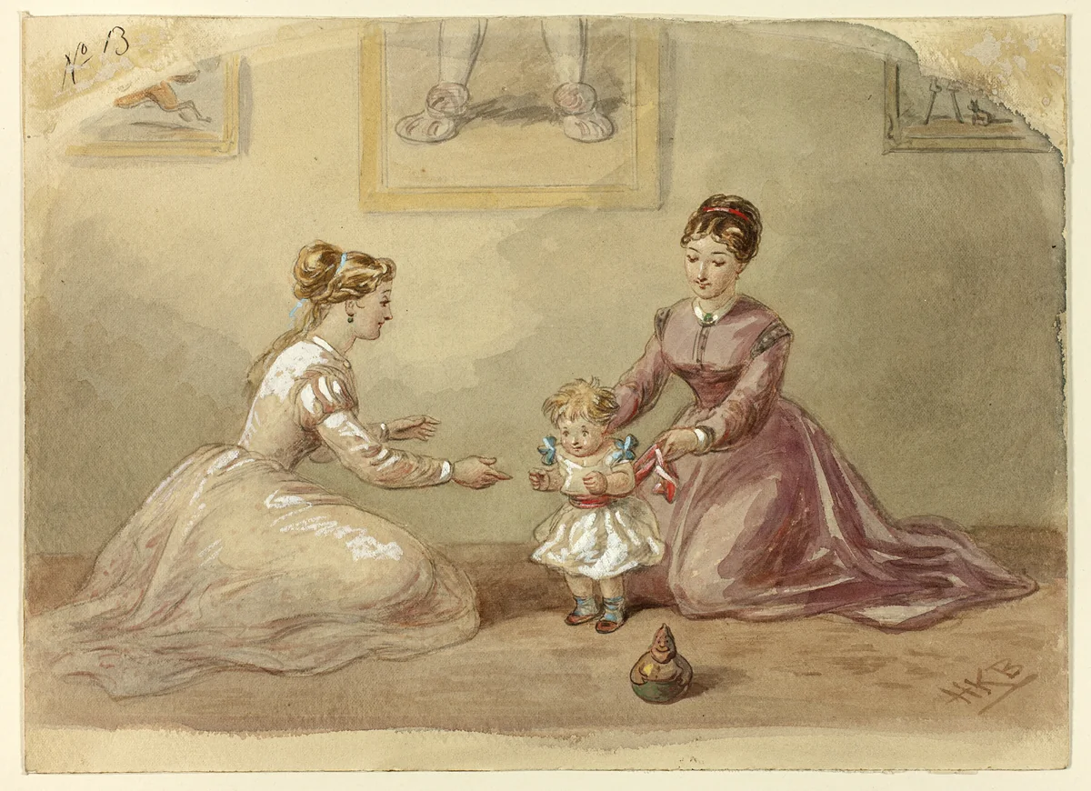 Ladies Coaxing Baby to Walk by Hablot Knight Browne, painting, 1835-1882