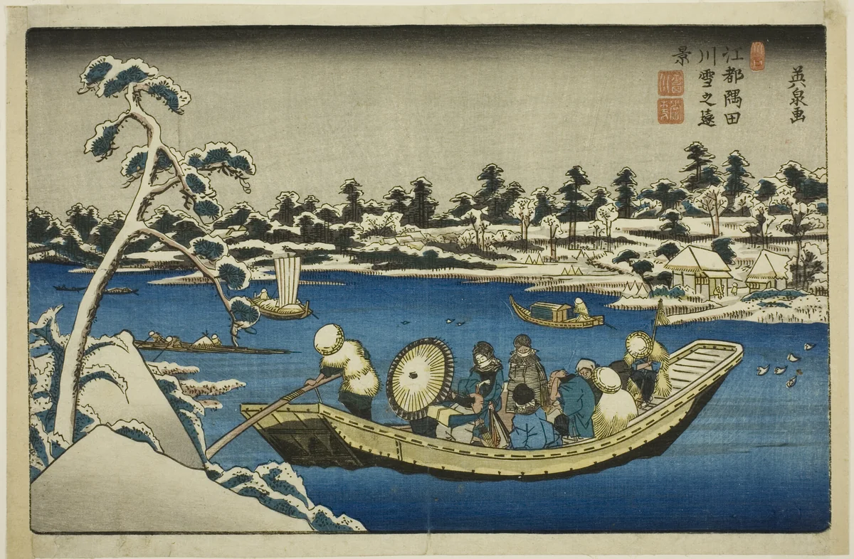 Distant View of Snow on the Sumida River in Edo by Keisai Eisen (渓斎英泉), print, 1835-1849