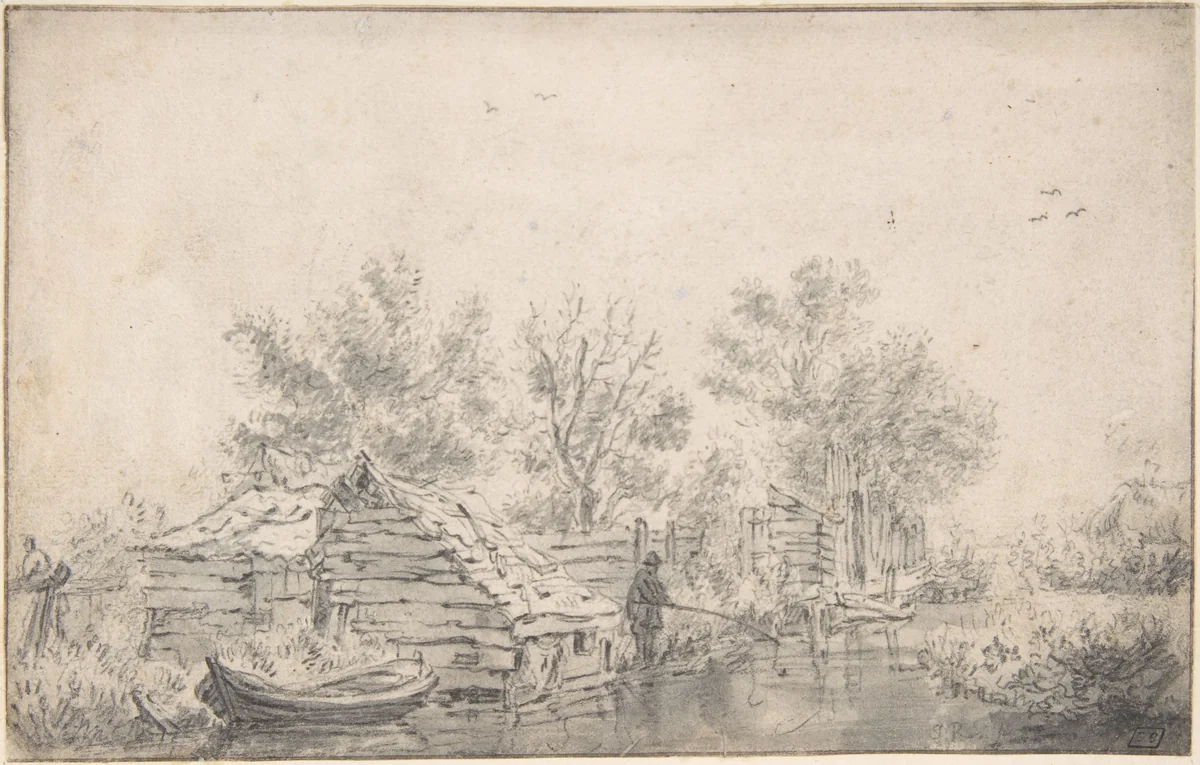 Canal Landscape with a Fisherman by Jacob van Ruisdael, drawing, 1640-1682