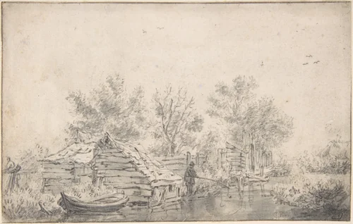 Canal Landscape with a Fisherman by Jacob van Ruisdael, drawing, 1640-1682